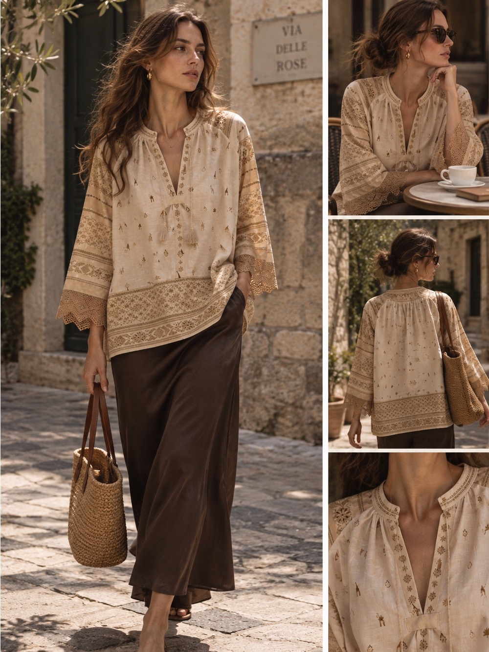 Spell Cream Embroidered Boho Tunic with Tan Accents